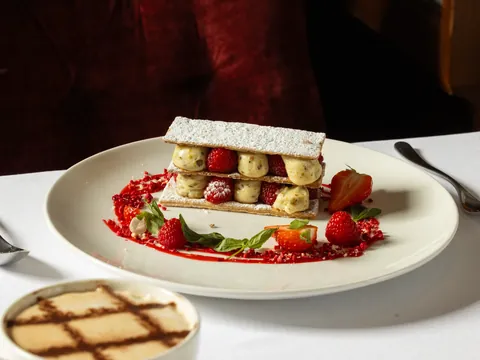 Strawberry mille-feuille with raspberry coulis